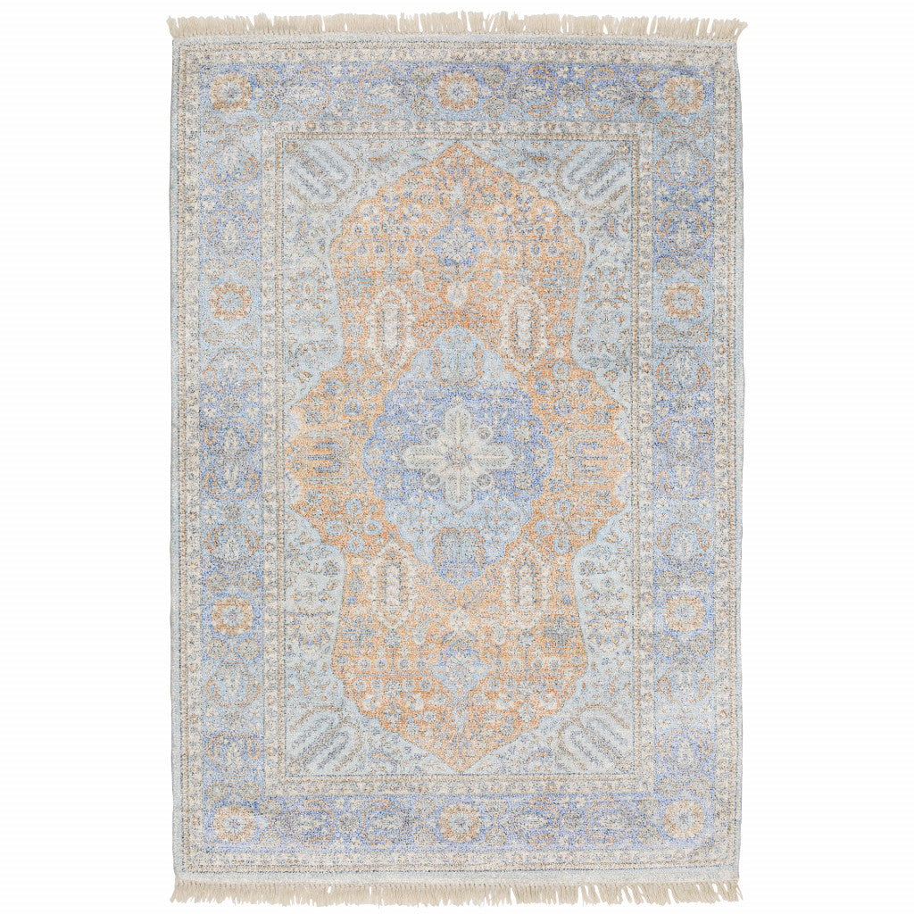 HomeRoots 509465 10 x 13 ft. Blue & Red Oriental Hand Loomed Stain Resistant Rectangle Area Rug with Fringe