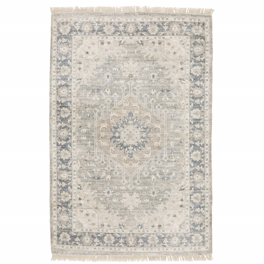 HomeRoots 509469 10 x 13 ft. Beige & Gray Oriental Hand Loomed Stain Resistant Rectangle Area Rug with Fringe