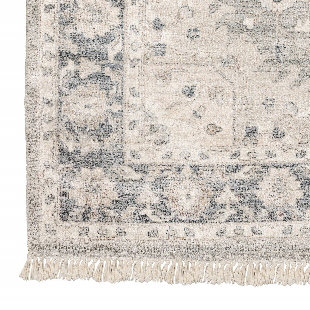 HomeRoots 509469 10 x 13 ft. Beige & Gray Oriental Hand Loomed Stain Resistant Rectangle Area Rug with Fringe