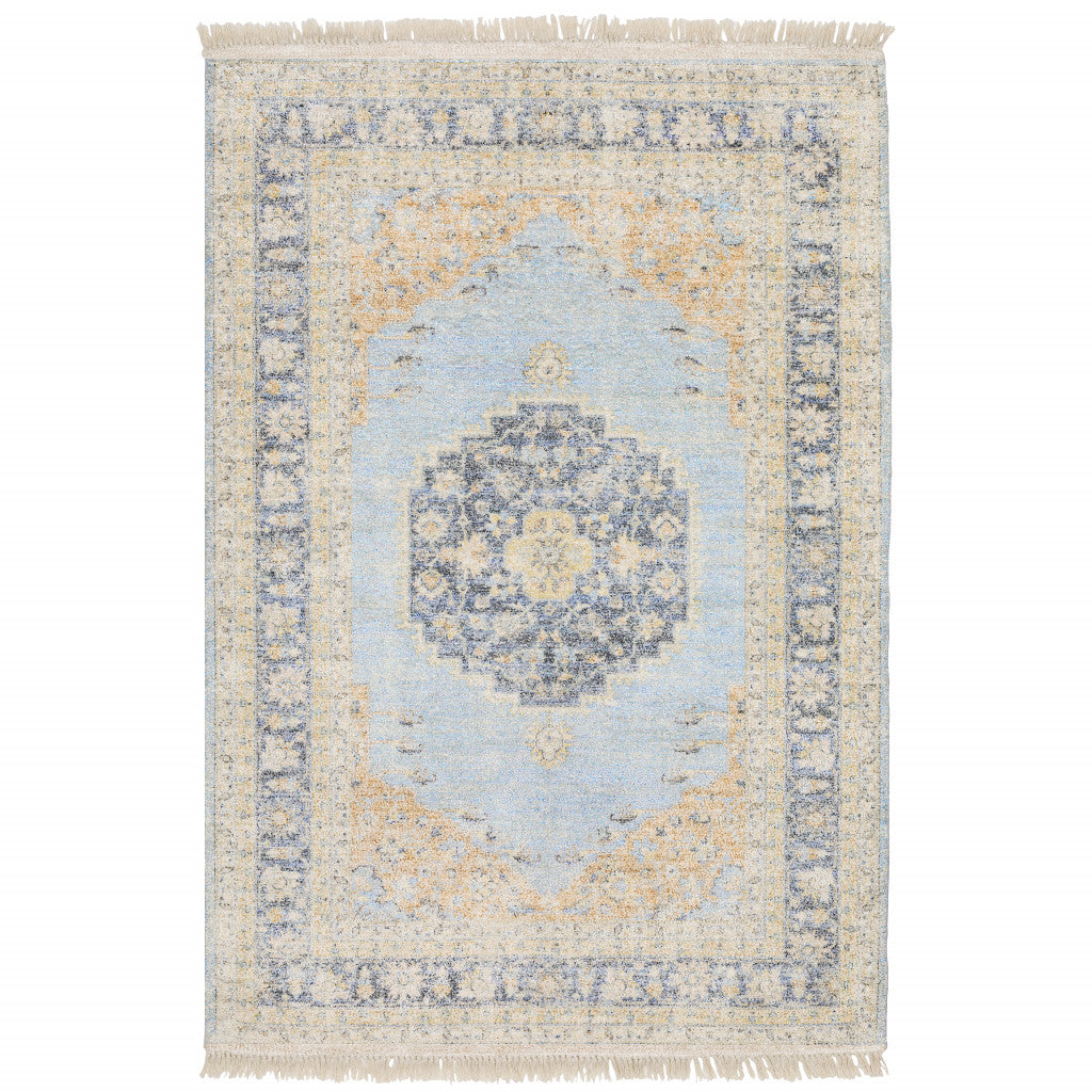 HomeRoots 509473 10 x 13 ft. Blue & Beige Oriental Hand Loomed Stain Resistant Rectangle Area Rug with Fringe