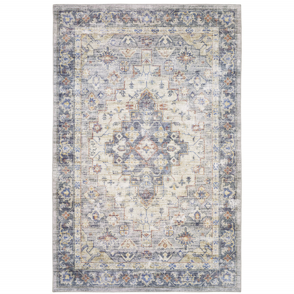 HomeRoots 509520 9 x 12 ft. Blue Gold Gray Orange Yellow & Purple Oriental Power Loom Stain Resistant Rectangle Area Rug