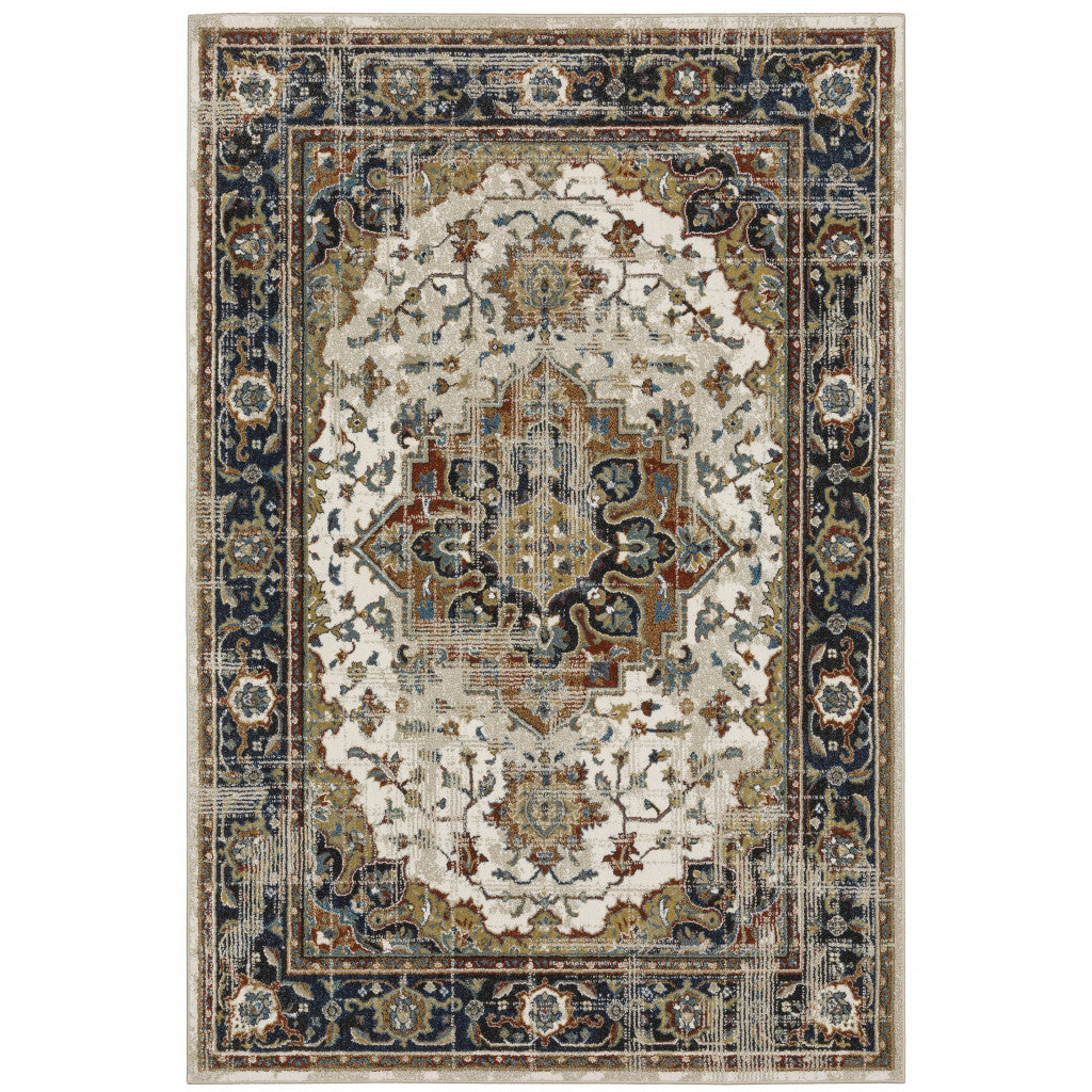 HomeRoots 509858 8 x 10 ft. Beige Blue Green Rust & Gray Oriental Power Loom Stain Resistant Rectangle Area Rug