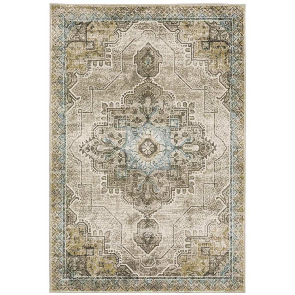 HomeRoots 509875 6 x 9 ft. Gray Blue Beige & Gold Oriental Power Loom Stain Resistant Rectangle Area Rug