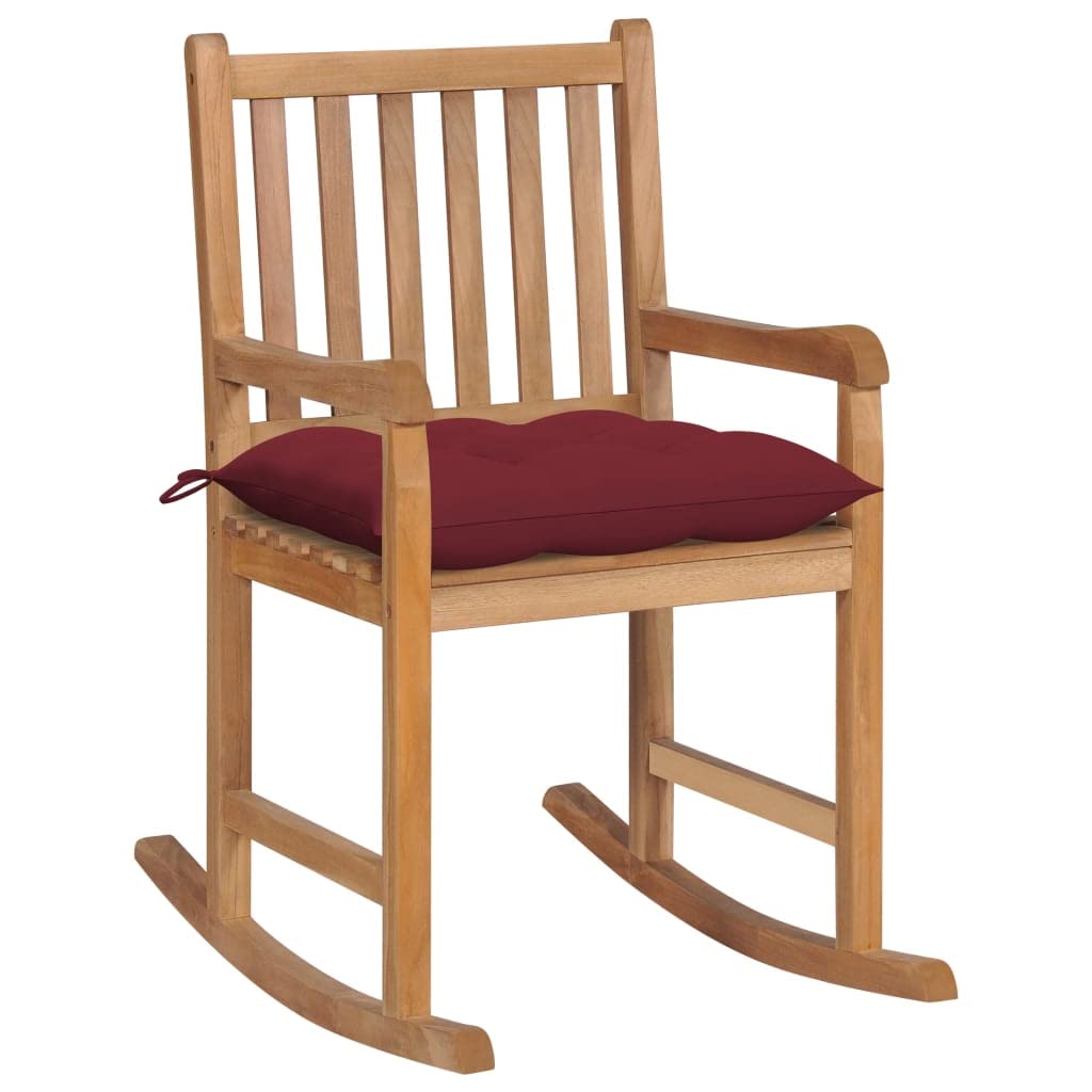 vidaXL Solid Teak Wood Rocking Chair with Wine Red Cushion - Indoor/Outdoor Lounge Seating, 22.8&quot; W x 36.4&quot; D x 41.7&quot; H