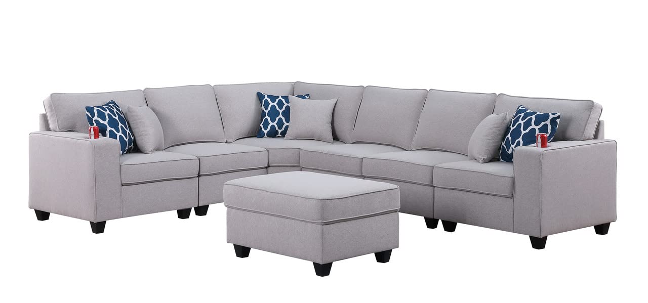 Lilola Home Cooper Light Gray Linen 7Pc Reversible L-Shape Sectional Sofa with Ottoman and Cupholder