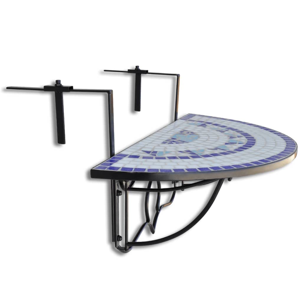 vidaXL - Blue and White Mosaic Hanging Balcony Table | Iron Tube and Ceramic Tile Material, Semi-Circular Design, Outdoor Patio Coffee Table - Foldable Space-Saving Design