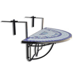 vidaXL - Blue and White Mosaic Hanging Balcony Table | Iron Tube and Ceramic Tile Material, Semi-Circular Design, Outdoor Patio Coffee Table - Foldable Space-Saving Design