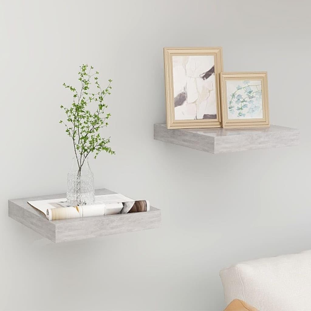 vidaXL Floating Wall Shelves, 2 Pieces- Concrete Gray- MDF & Metal Frame Design, Dimensions: 9.1&quot;x9.3&quot;x1.5&quot;, Modern Wall Display for Books & Collectibles