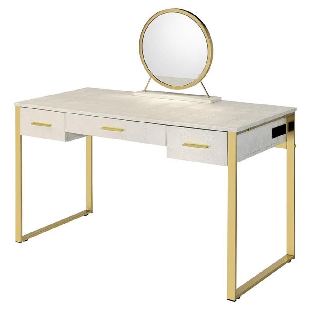 Acme Myles Vanity Set with USB Port in Antique White and Champagne Metal