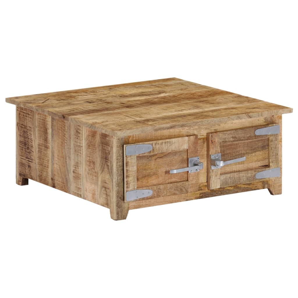vidaXL Square Coffee Table in Farmhouse Style – 27.6" Solid Mango Wood with Polished and Lacquered Finish – Handmade Wooden Table with Two Cabinets for Storage