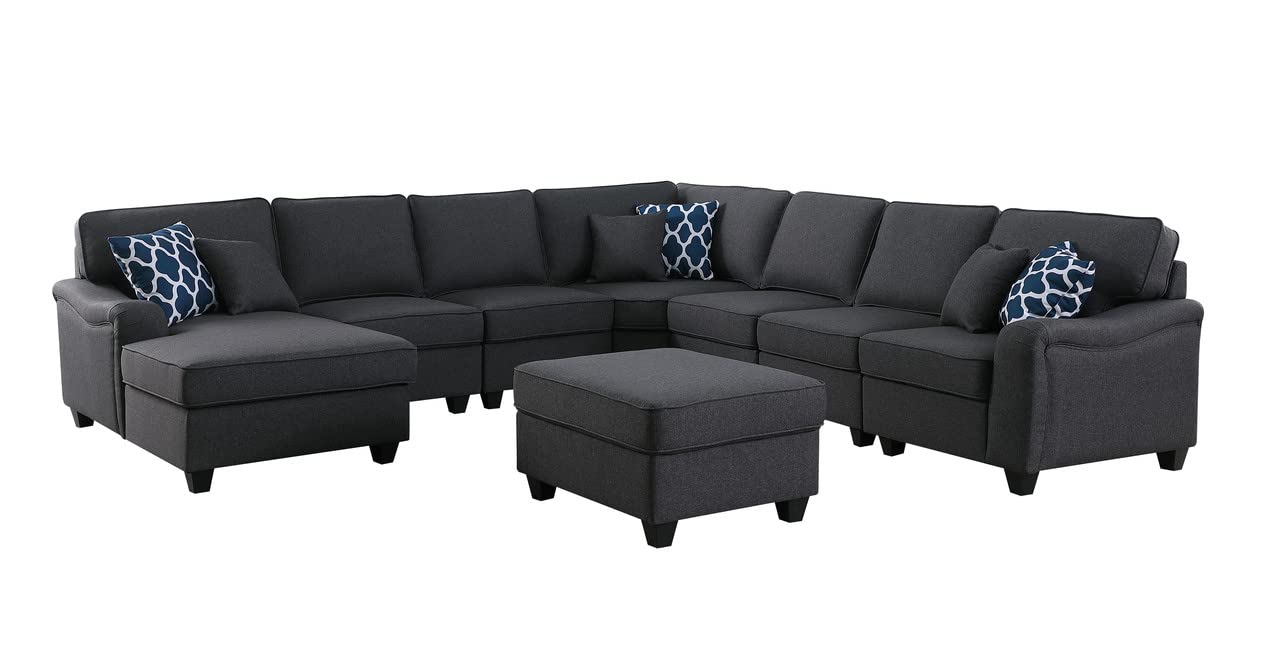 Lilola Home Leo Dark Gray Linen 8Pc Modular L-Shape Sectional Sofa Chaise and Ottoman