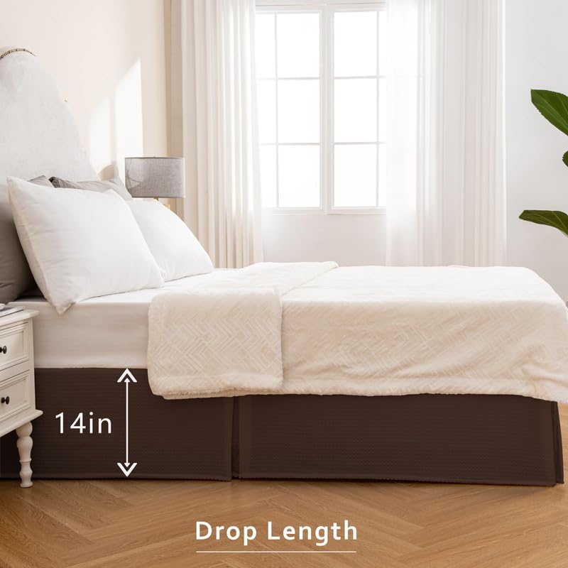 Miye Pleated Waffle Weave Bed Skirt, Tailored Dust Ruffle 14 Inch Drop Easy Fit, Machine Washable (Brown, Queen - 14'' Drop)