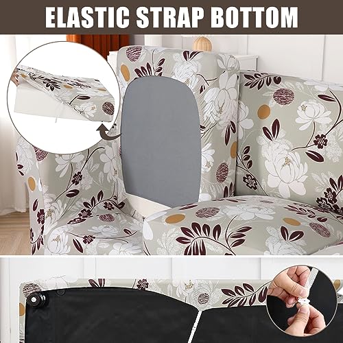 Searchi Stretch Sofa Cover Printed Couch Cover, Floral Pattern 4 Pieces Sofa Slipcover With 3 Separate Cushion Cover, Washable Furniture Protector For Living Room(Sofa, Brown Flowers)