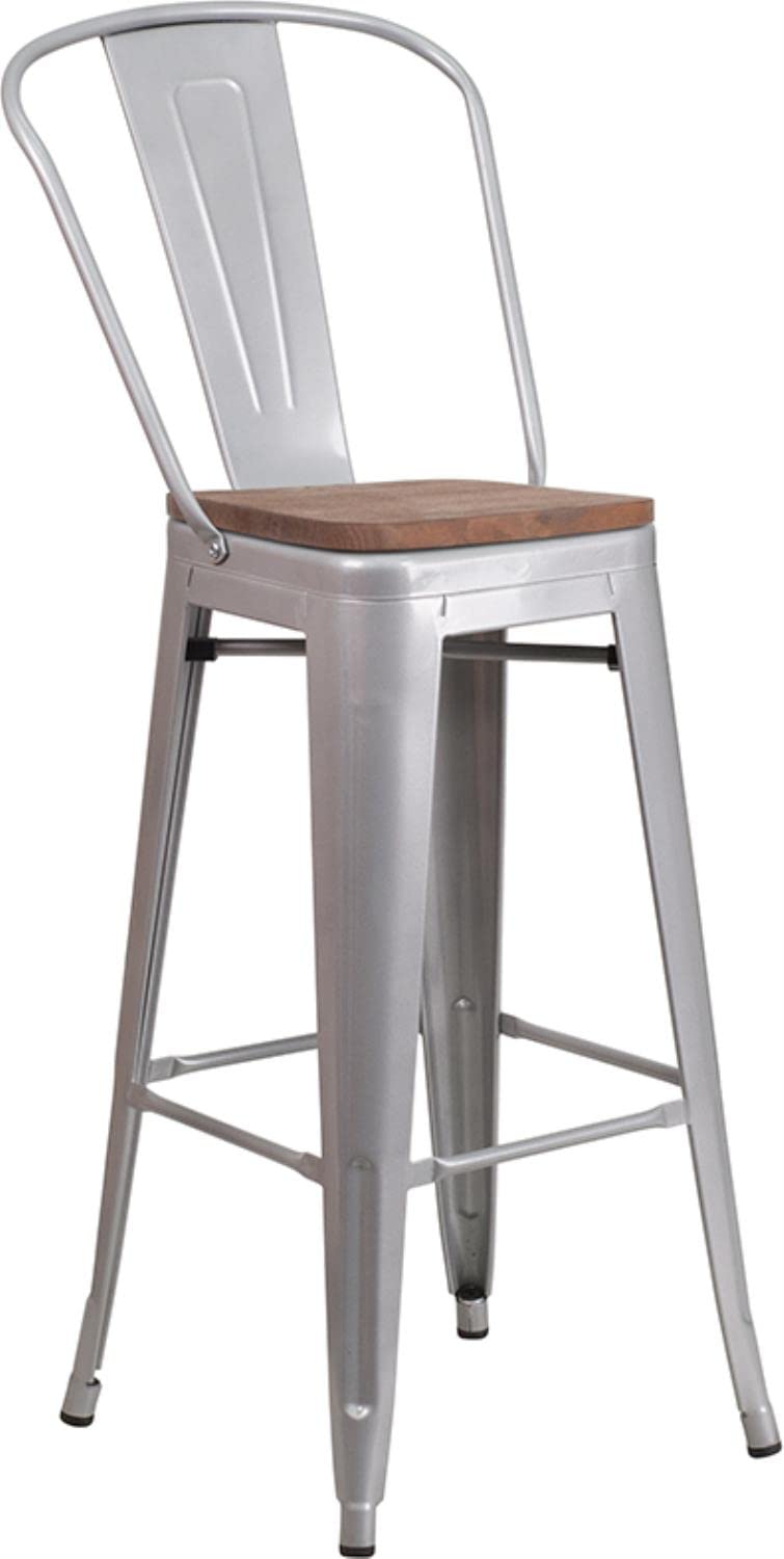 Flash Furniture Lily 30" High Silver Metal Barstool With Back And Wood Seat (Pack Of 1)