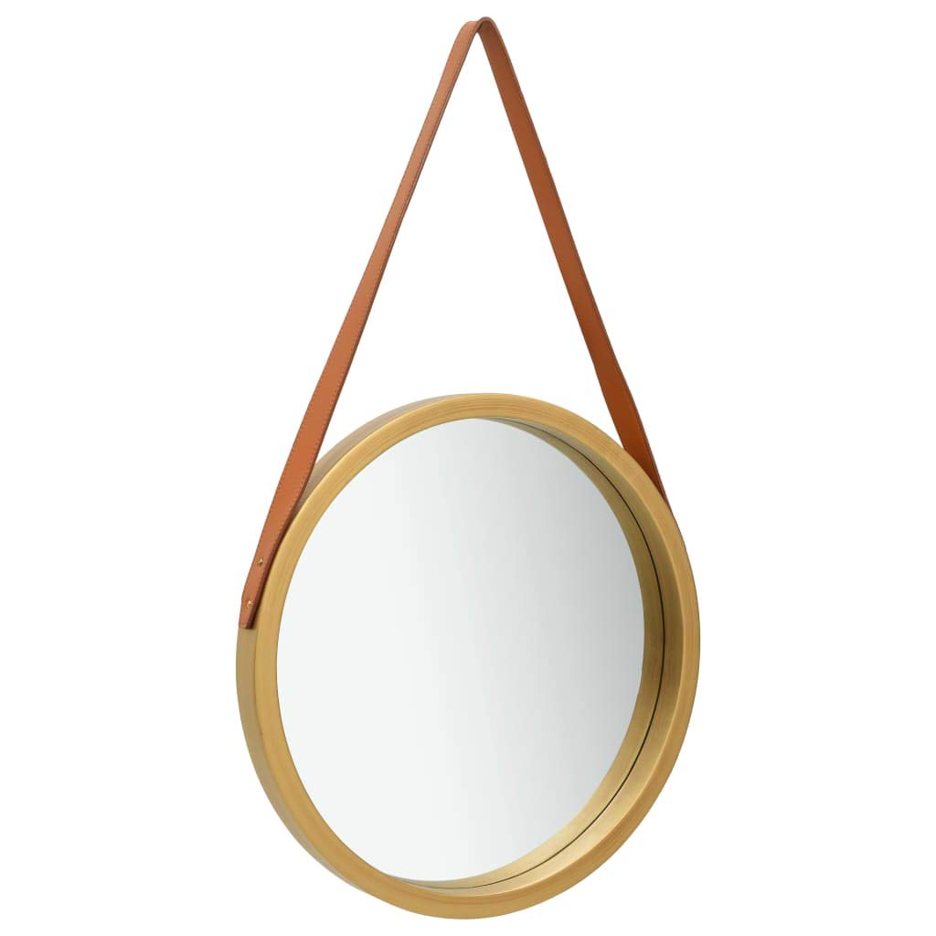 vidaXL 15.7&quot; Round Wall Mirror with Adjustable Faux Leather Strap - Gold Frame, Paulownia Wood, Perfect for Bathrooms, Bedrooms, and Living Spaces