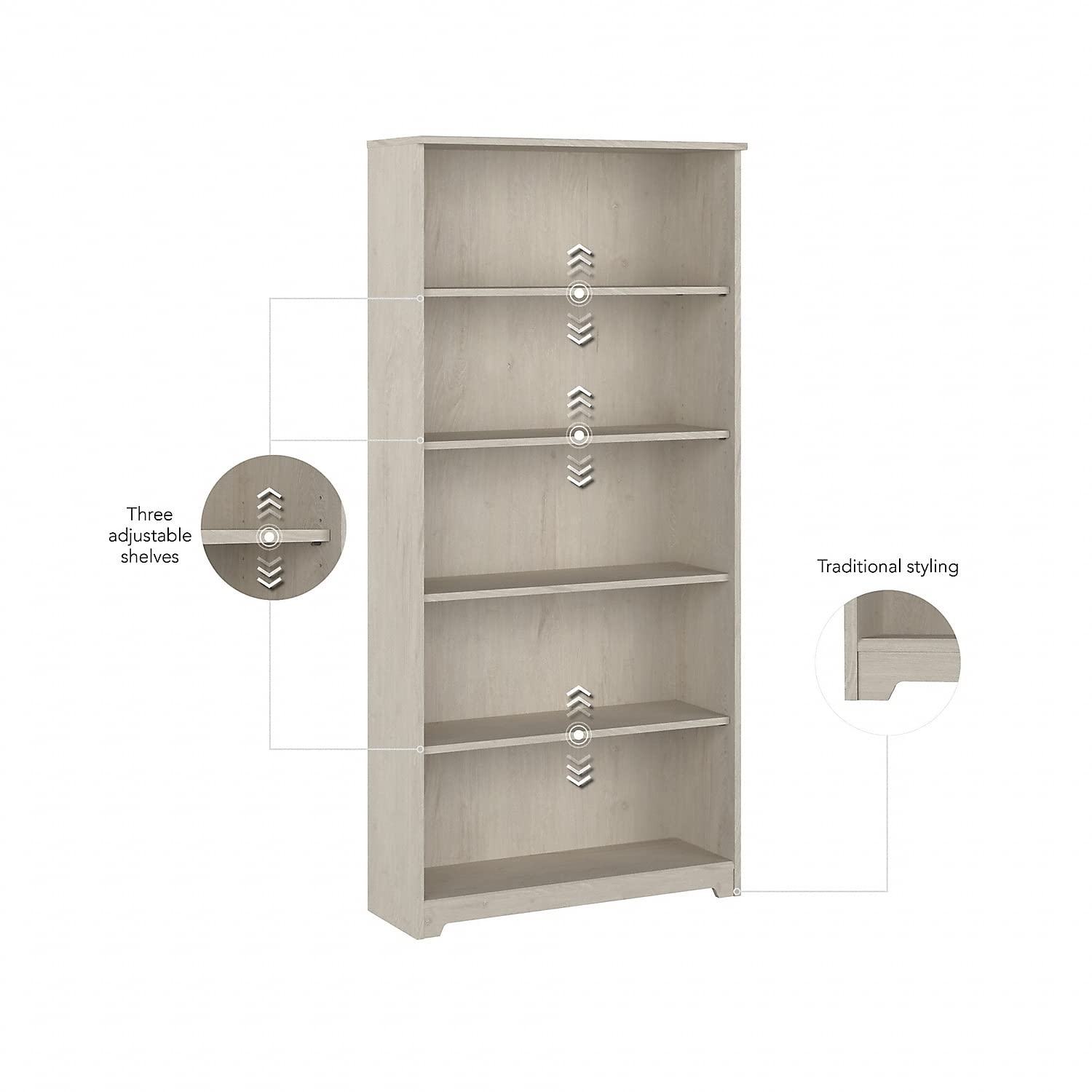 Bush Furniture Cabot Tall 5 Shelf Bookcase | Large Open Bookshelf In Linen White Oak | Sturdy Display Cabinet For Library, Living Room, And Home Office