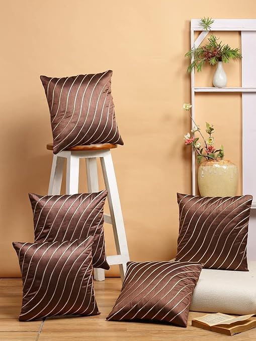 Msenterprises Beige Golden Striped Polyester Cushion Covers For Sofa, Bedroom & Living Room | Decorative Throw Pillow Covers (Be