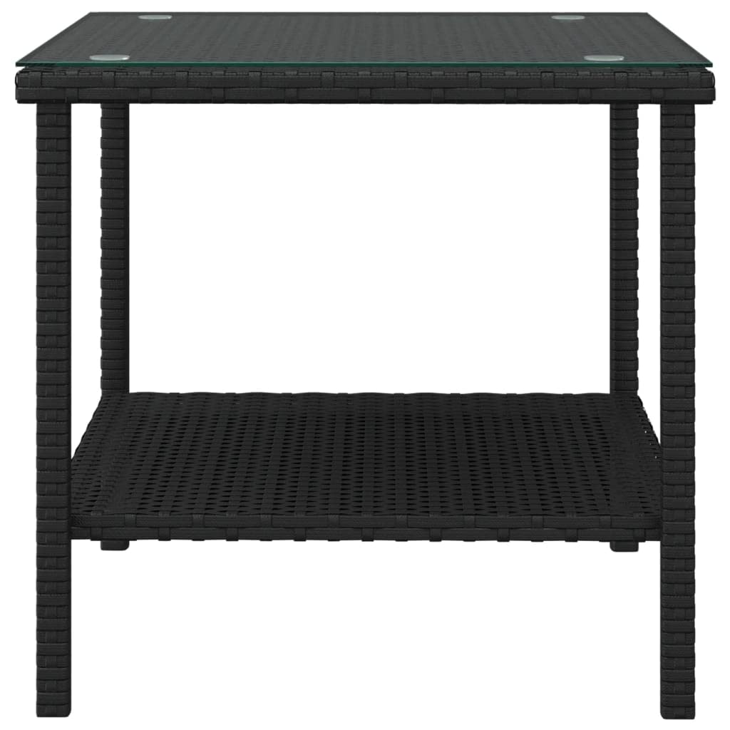 vidaXL Black Poly Rattan Side Table - Tempered Glass Tabletop - Durable Powder-Coated Steel Frame - Additional Storage Shelf - Indoors and Outdoors Applicable - Dimensions: 17.7”x17.7”x17.7”