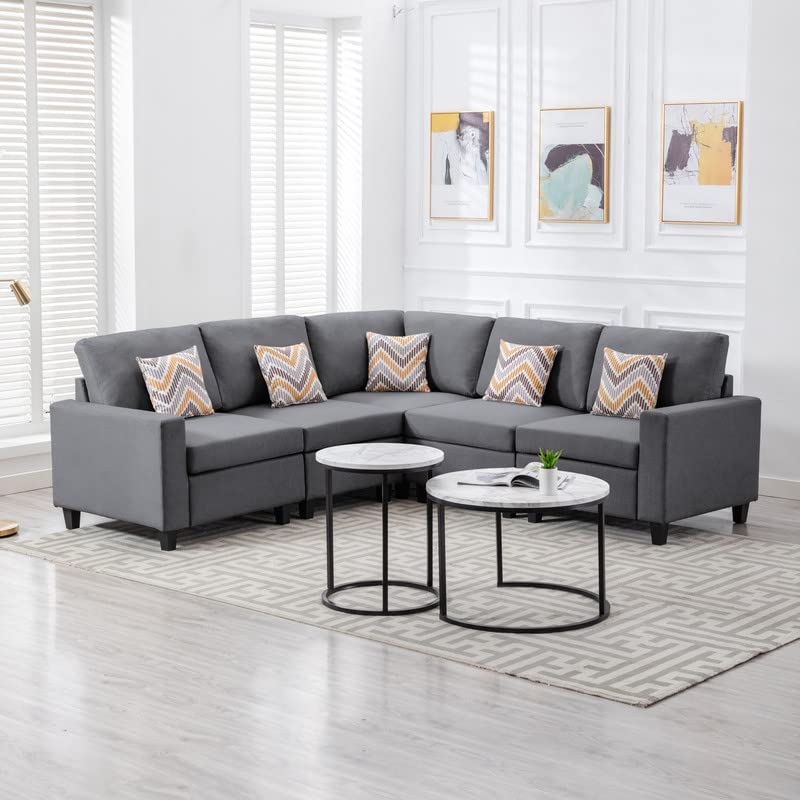 Lilola Home Nolan Gray Linen Fabric 5Pc Reversible Sectional Sofa with Pillows and Interchangeable Legs