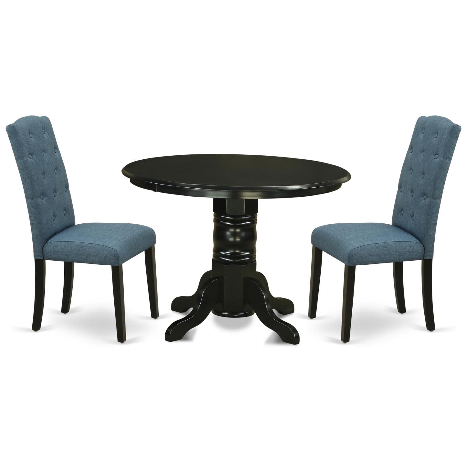 East West Furniture Shce3-Blk-21 3 Piece Modern Dining Table Set Contains A Round Kitchen Table With Pedestal And 2 Mineral Blue Linen Fabric Parson Dining Chairs, 42X42 Inch, Black