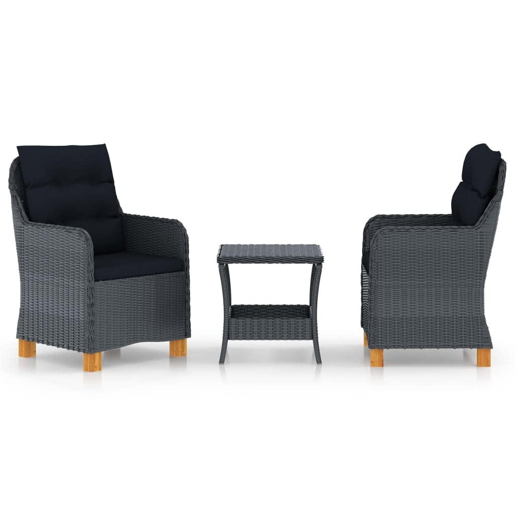 vidaXL 3-Piece Patio Lounge Set with Cushions - Poly Rattan, Dark Gray - Comfortable Outdoor Seating with Removable Cushion Covers and Sturdy Acacia Wood Legs