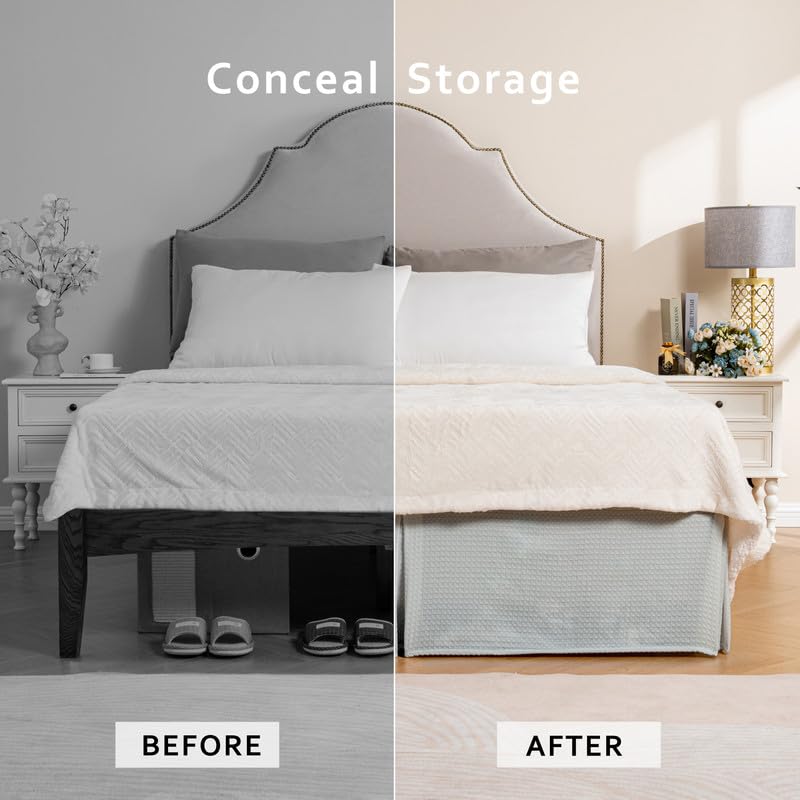 Miye Pleated Waffle Weave Bed Skirt, Tailored Dust Ruffle 16 Inch Drop Easy Fit, Machine Washable (Light Grey, Full - 16'' Drop)
