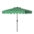 SAFAVIEH 9ft Outdoor Patio Umbrella, Round, Venice Collection, Green & White Trim, Crank, Button Tilt, UV Resistant for Deck, Ba