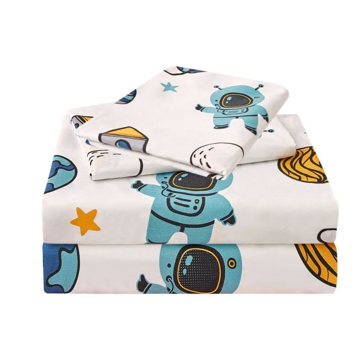 Jsd Blue Astronaut Space Kids Print Sheet Set Twin, 3 Pieces Boys Soft Microfiber Bedding Deep Pocket