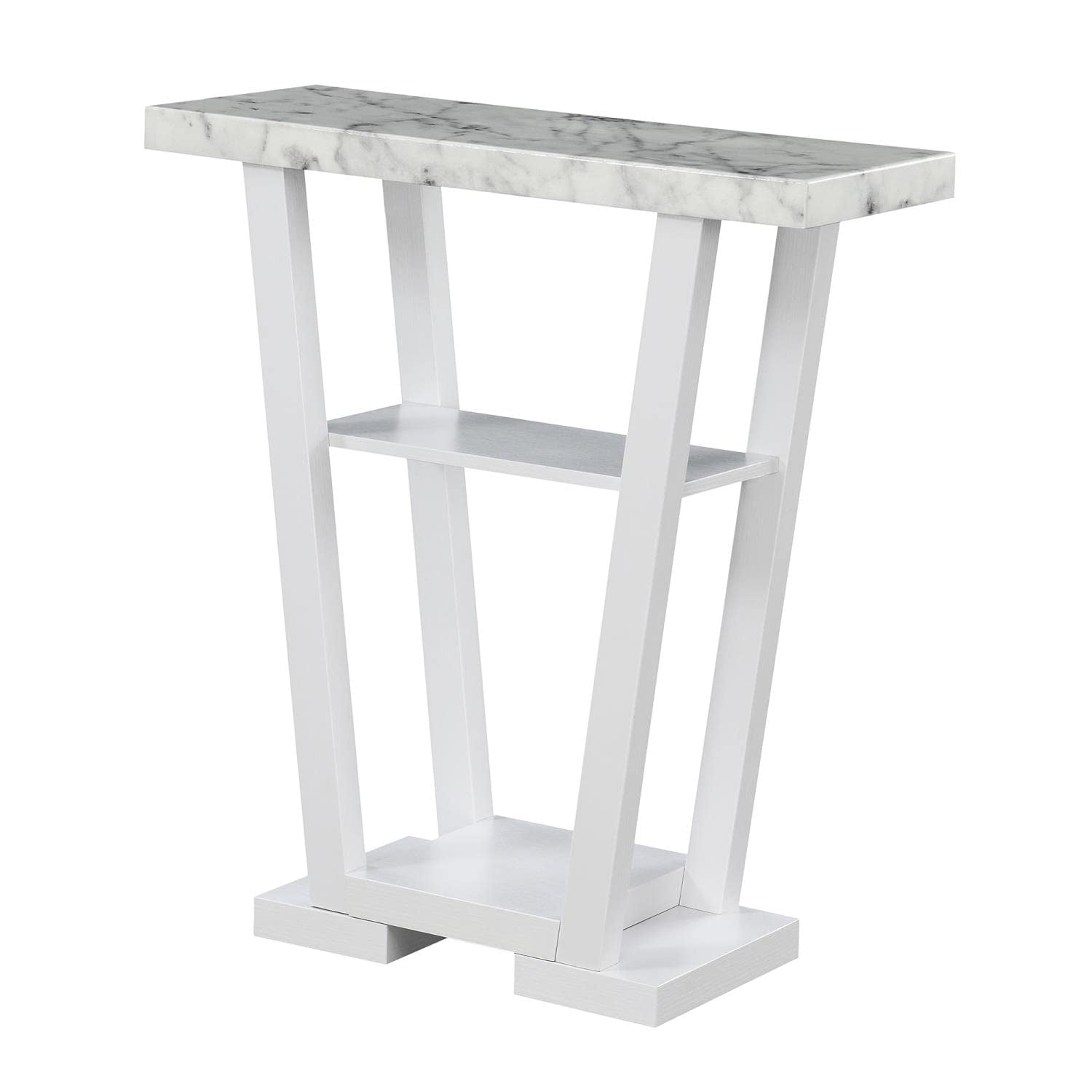 Convenience Concepts Newport V Console Table 31.5" - Modern Sofa Table with Storage Shelves, Narrow Entryway Hall Table for Living Room, White Faux Marble/White