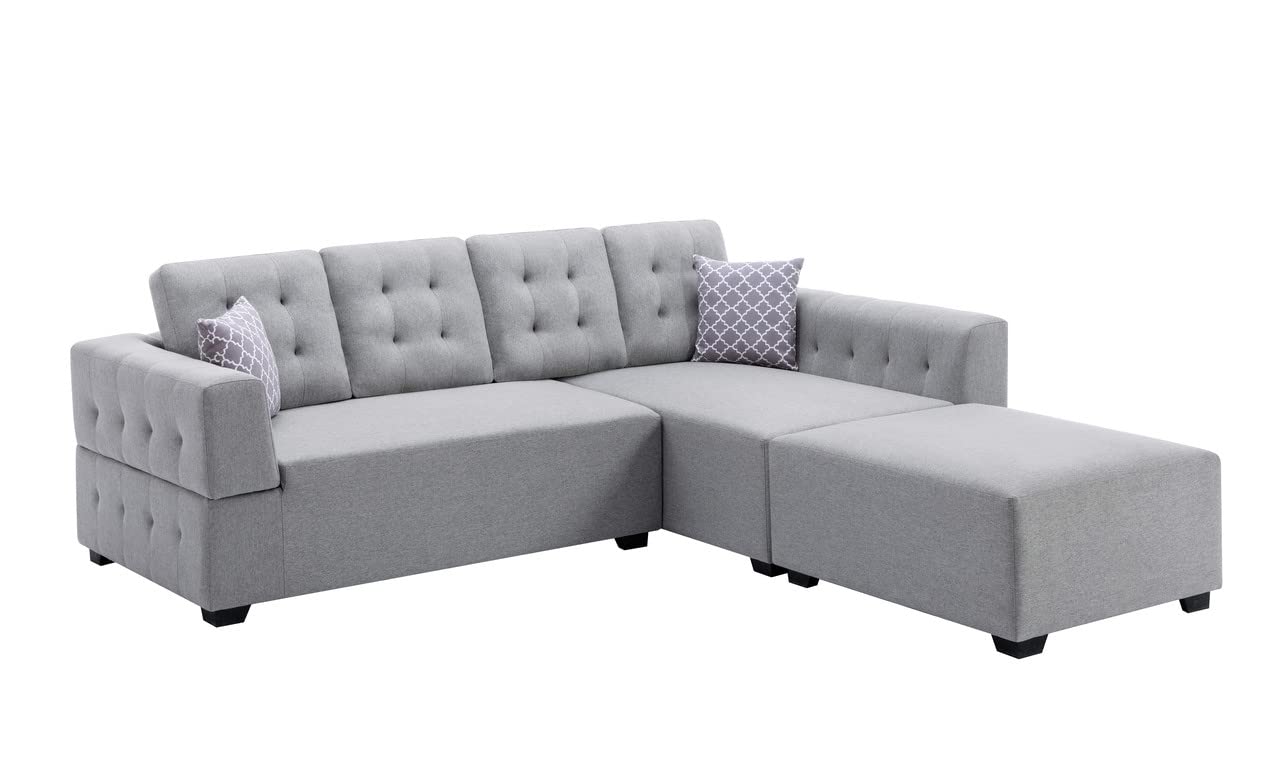 Lilola Home Ordell Light Gray Linen Fabric Sectional Sofa with Right Facing Chaise Ottoman and Pillows