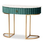 Baxton Studio Beale Luxe and Glam Green Velvet Upholstered and Brushed Gold Finished 1-Drawer Console Table with Faux Marble Tabletop Green/Velvet