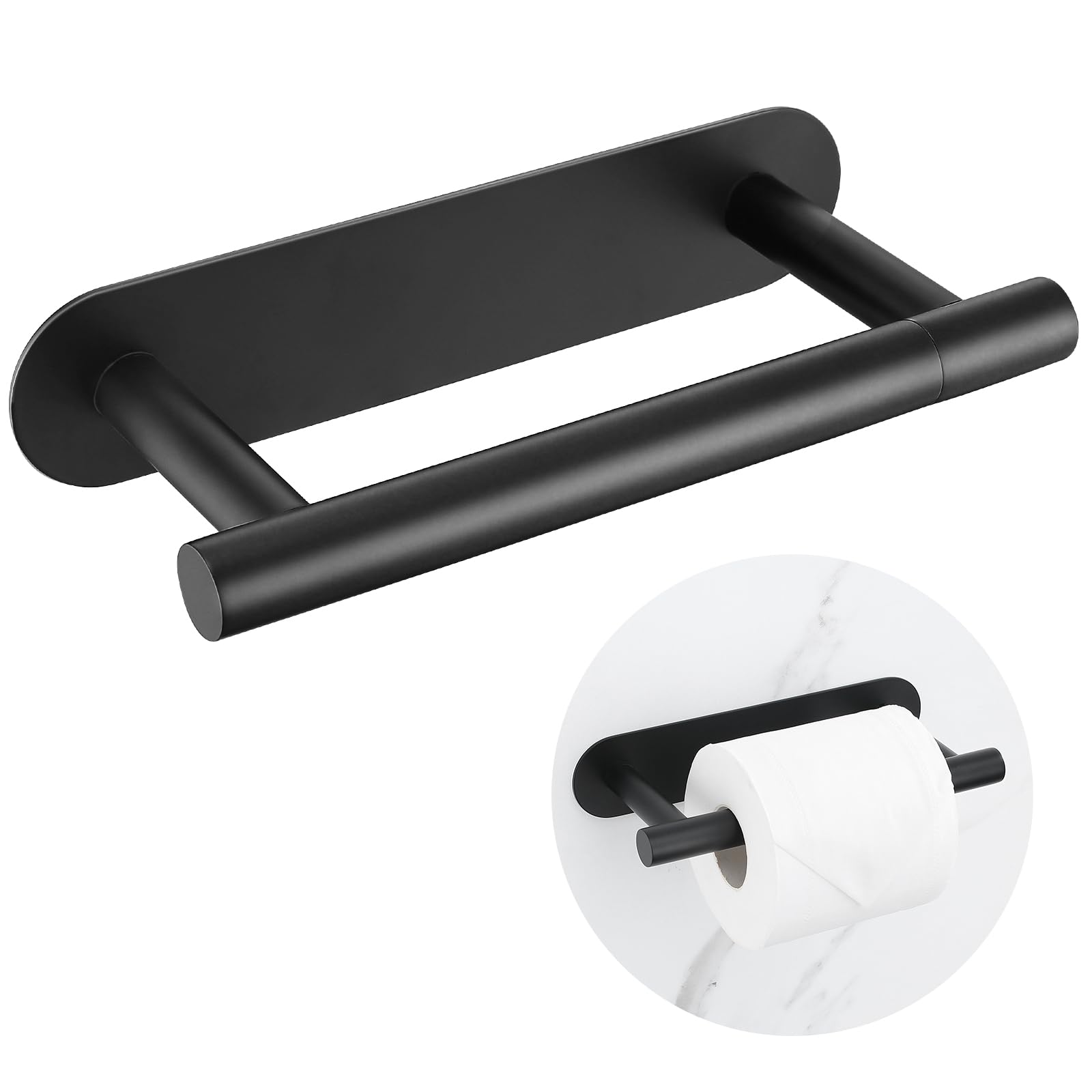 Self Adhesive Matte Black Toilet Paper Holder, SUS304 Stainless Steel Toilet Roll Holder, Double Base Paper Towel Holder Wall Mo
