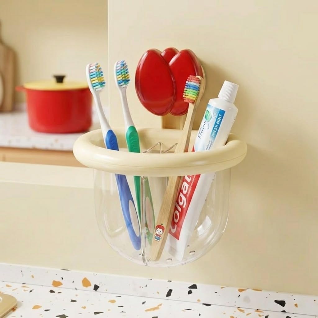 NGEL Self Adhesive Wall Mounted Toothbrush Holder || Flower Design Bathroom Storage Cup || MultiPurpose Wall Organizer for Toot