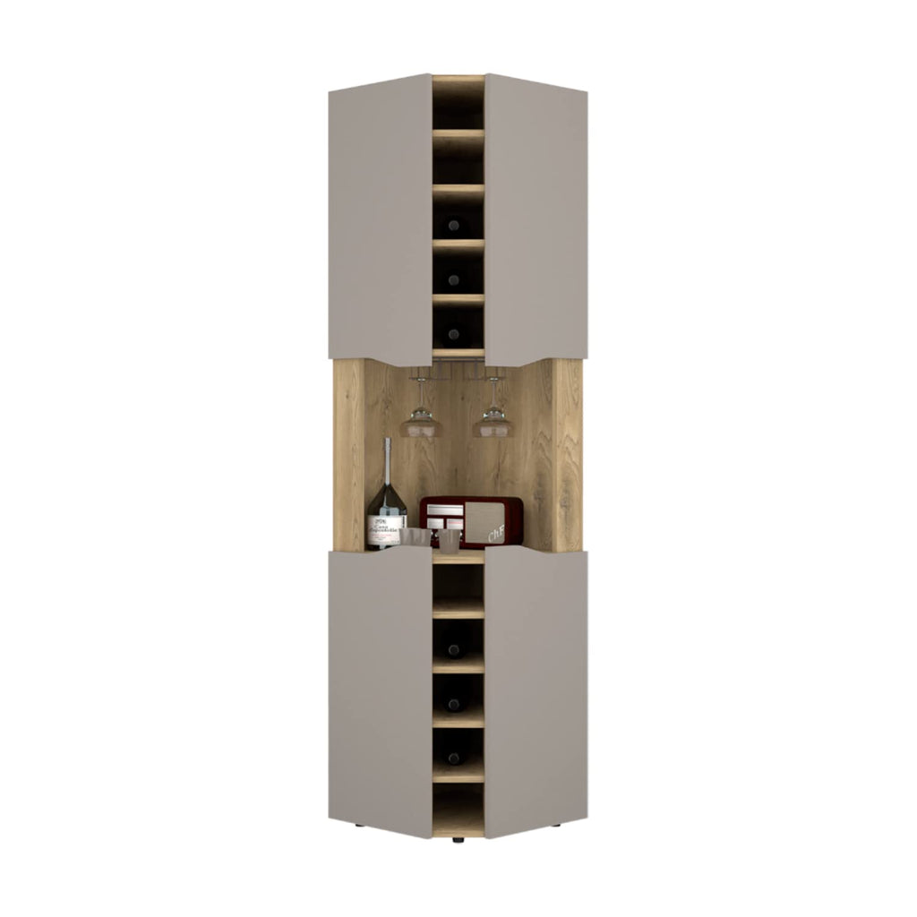 Mecca Corner Bar Cabinet With 4 Doors, 8 Shelves, 10 Cubbies, And Glass Rack, Macadamia/Taupe