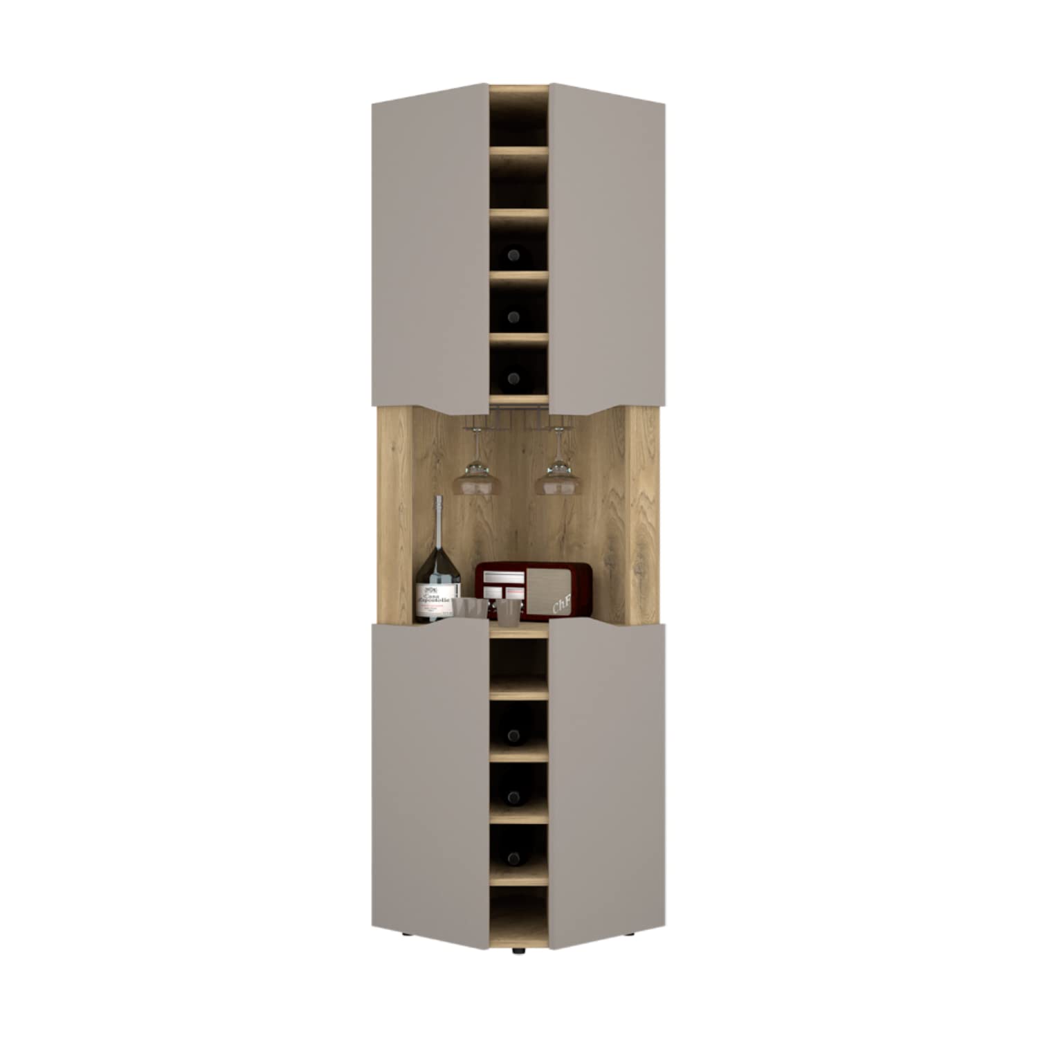 Mecca Corner Bar Cabinet With 4 Doors, 8 Shelves, 10 Cubbies, And Glass Rack, Macadamia/Taupe