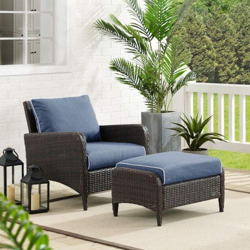 Crosley Brands KO70032BR-BL Kiawah Outdoor Wicker Chair Set - Arm Chair & Ottoman, Blue & Brown - 2 Piece