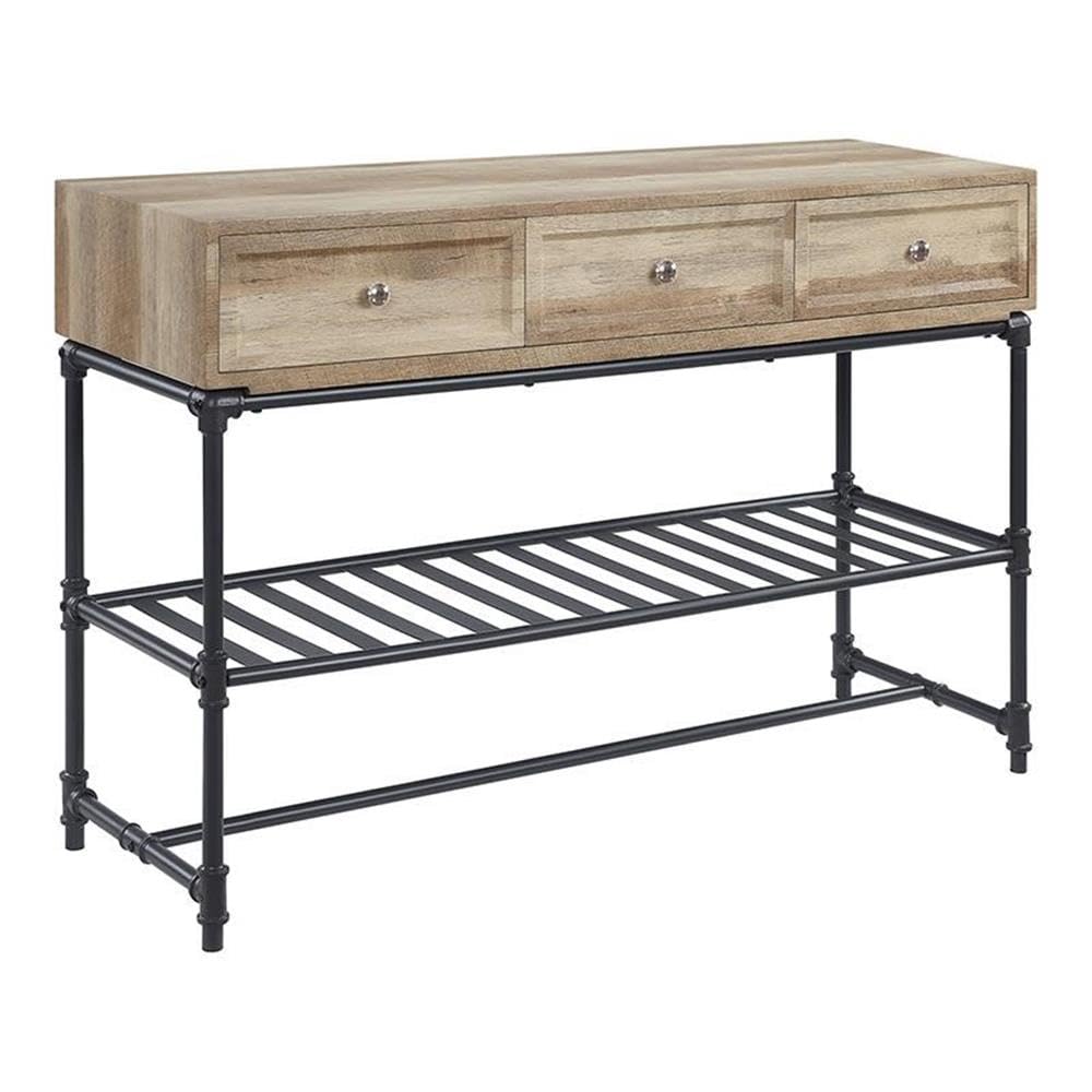 Acme Brantley 3-Drawer Wooden Rectangular Sofa Table in Oak and Sandy Black