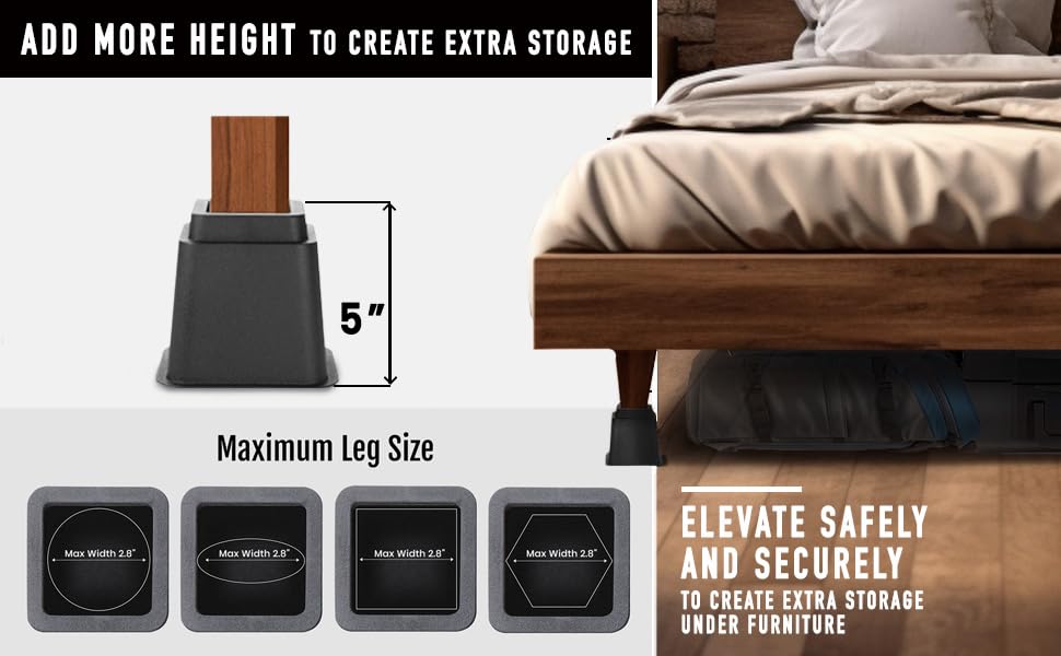 Holdn Storage Bed Risers, Furniture Risers 5 Inch Bed Lift - Set Of 4 Bed Riser Heavy Duty - Perfect For College Dorms