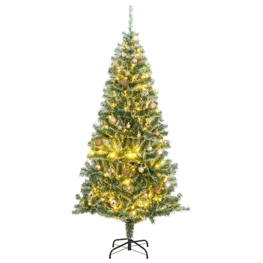 vidaXL 82.7&quot; Artificial Christmas Tree with LED Lights, Decorative Balls, Flocked Snow, Sturdy Metal Stand, Easy Assembly - Green & Rose Gold Decorations