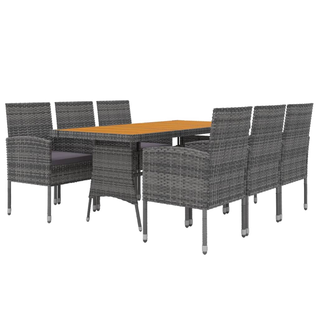 vidaXL Outdoor Patio Dining Set, 7 Pieces, Gray, Poly Rattan, Steel & Solid Acacia Wood Construction, Ergonomic Design, Waterproof, Includes Table, Chairs & Seat Cushions.