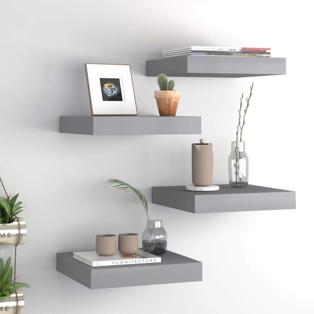 vidaXL Floating Wall Shelves Set of 4, Gray Honeycomb MDF and Metal Frame, Invisible Mounting System, Modern Home Decor, Display Storage Rack - 9.1&quot;x9.3&quot;x1.5&quot;