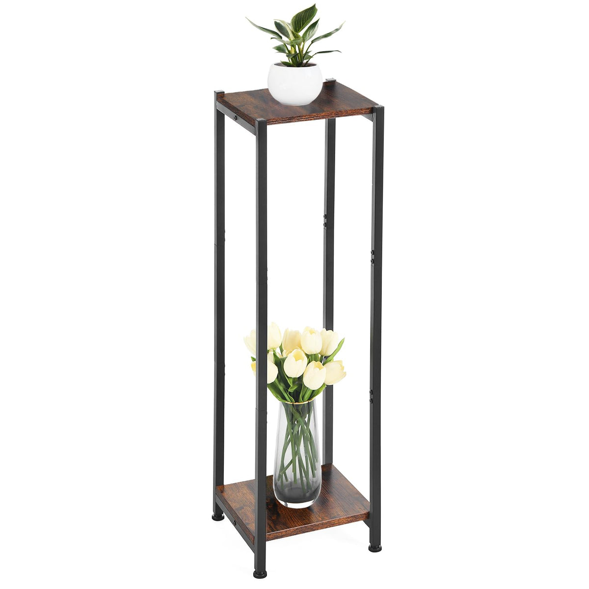 Dipion Extra Tall Plant Stand Indoor,40 Inch Plant Stands,2 Tier Metal Plant Stand With Heavy Duty Wood,Rustic Brown And Black