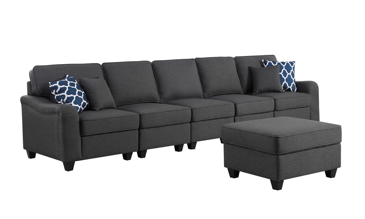 Lilola Home Leo Dark Gray Linen 6 Seater Sofa and Ottoman