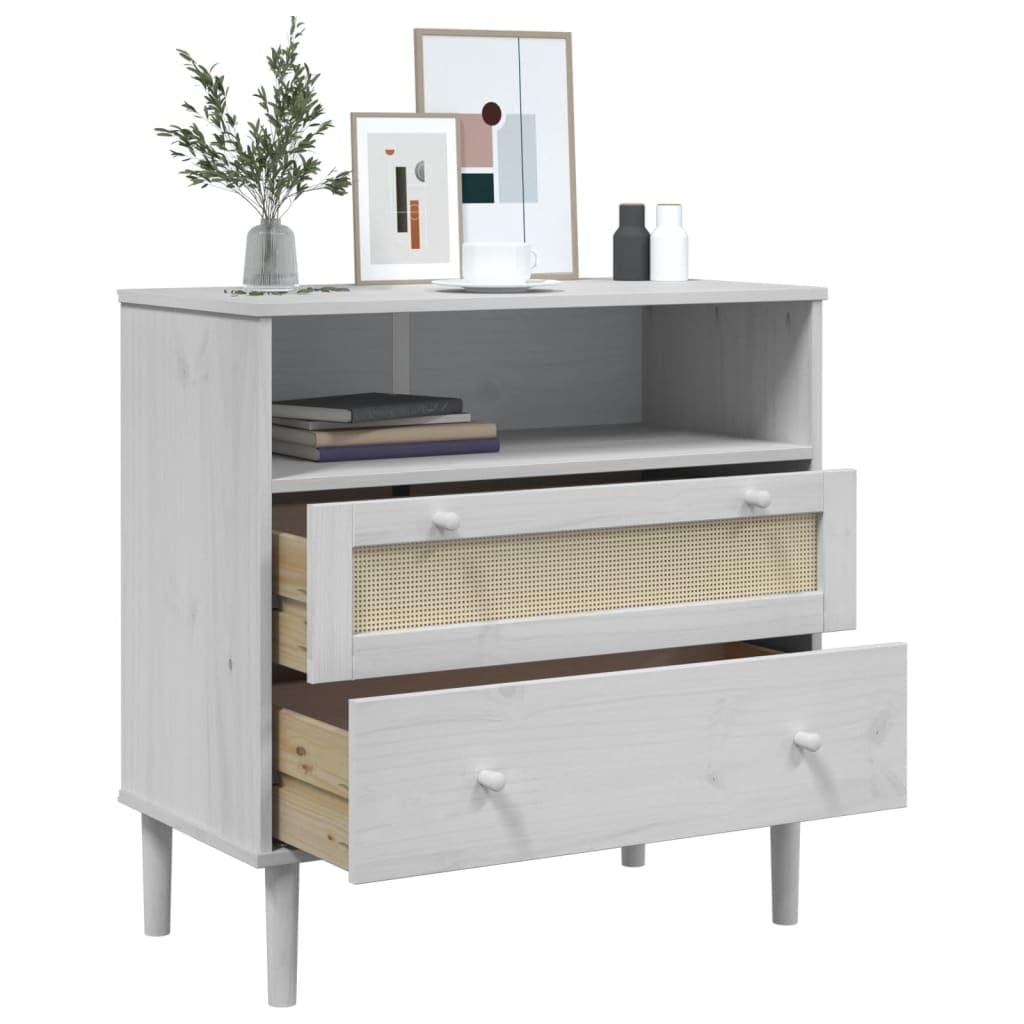 vidaXL Solid Pine Wood Sideboard with Rattan Surface and UV Varnished Finish - White, Ample Storage Space, Sturdy Construction.
