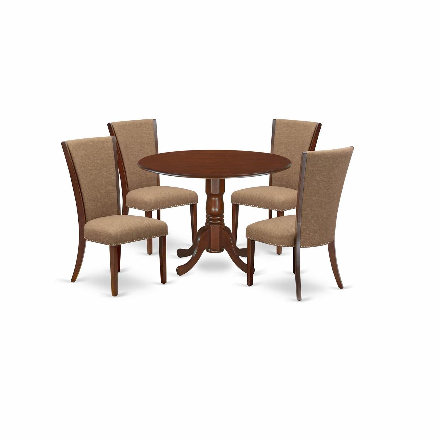 East West Furniture Dlve5-Mah-47 5 Piece Dining Room Table Set Includes A Round Kitchen Table With Dropleaf And 4 Light Sable Linen Fabric Parson Dining Chairs, 42X42 Inch, Linen White
