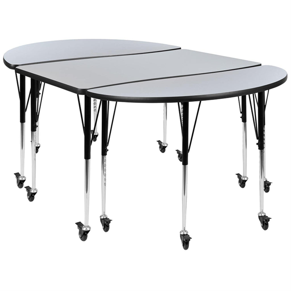 Flash Furniture 3 Piece Mobile 76" Oval Wave Collaborative Grey Thermal Laminate Activity Table Set-Standard Height Adjustable Legs