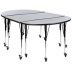 Flash Furniture 3 Piece Mobile 76" Oval Wave Collaborative Grey Thermal Laminate Activity Table Set-Standard Height Adjustable Legs