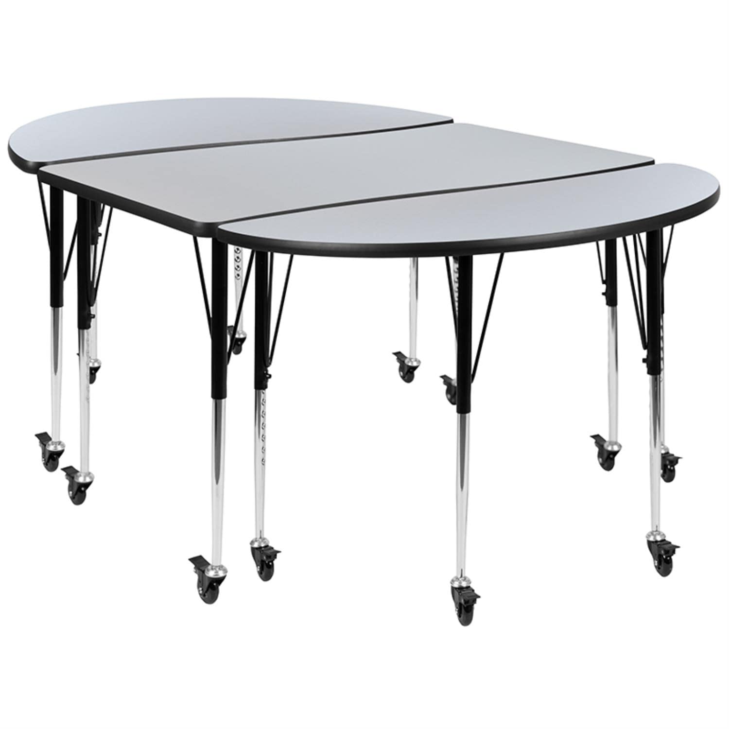 Flash Furniture 3 Piece Mobile 76" Oval Wave Collaborative Grey Thermal Laminate Activity Table Set-Standard Height Adjustable Legs