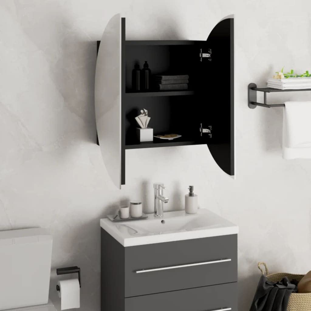 vidaXL Modern Bathroom Cabinet with Round Mirror & LED Light, Wall-Mounted Design, Moisture-Resistant Engineered Wood, Black
