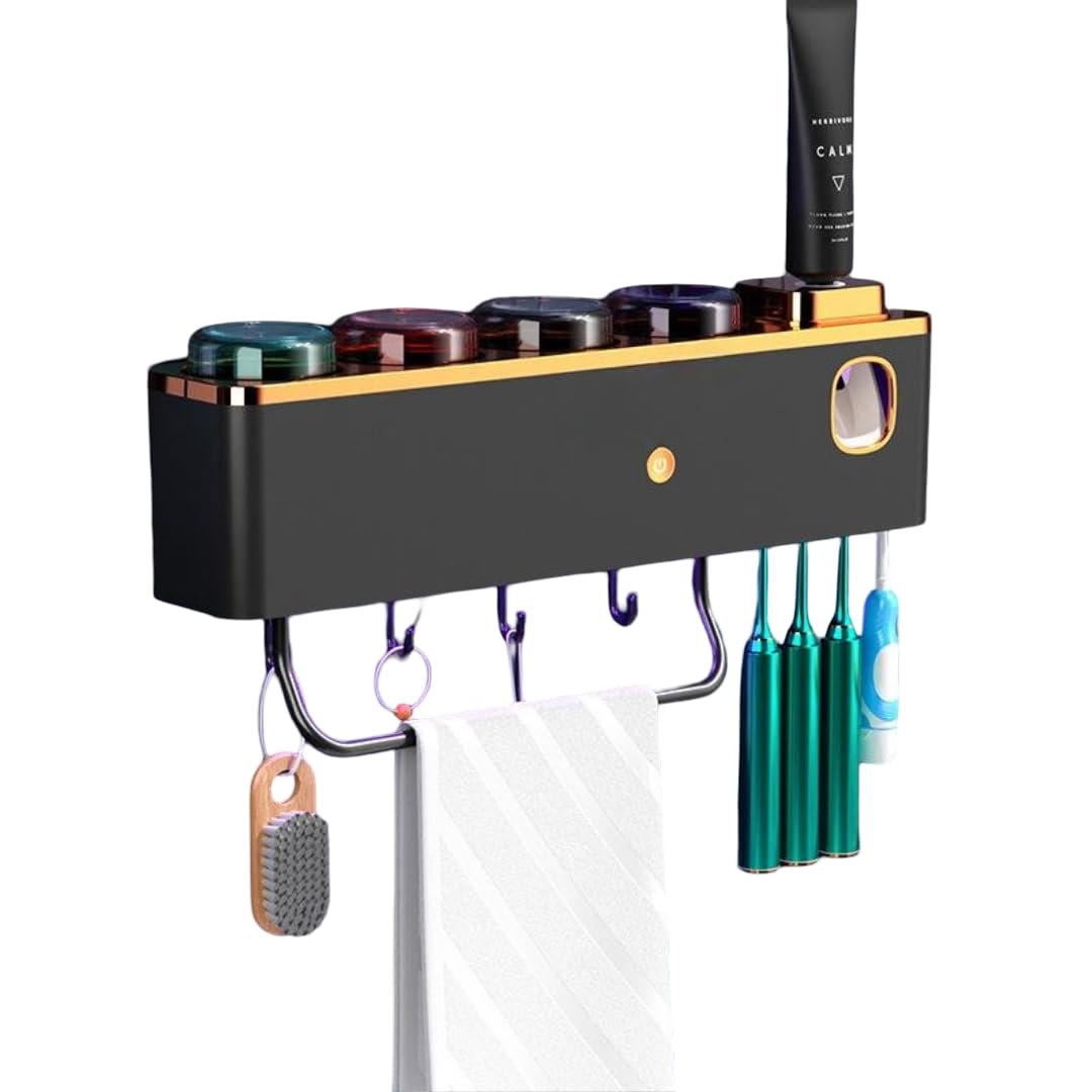 Bathroom Toothbrush Holder with 4 Cups, Wall Mounted Toothbrush Storage Rack and Family Bathroom Organizer, Black